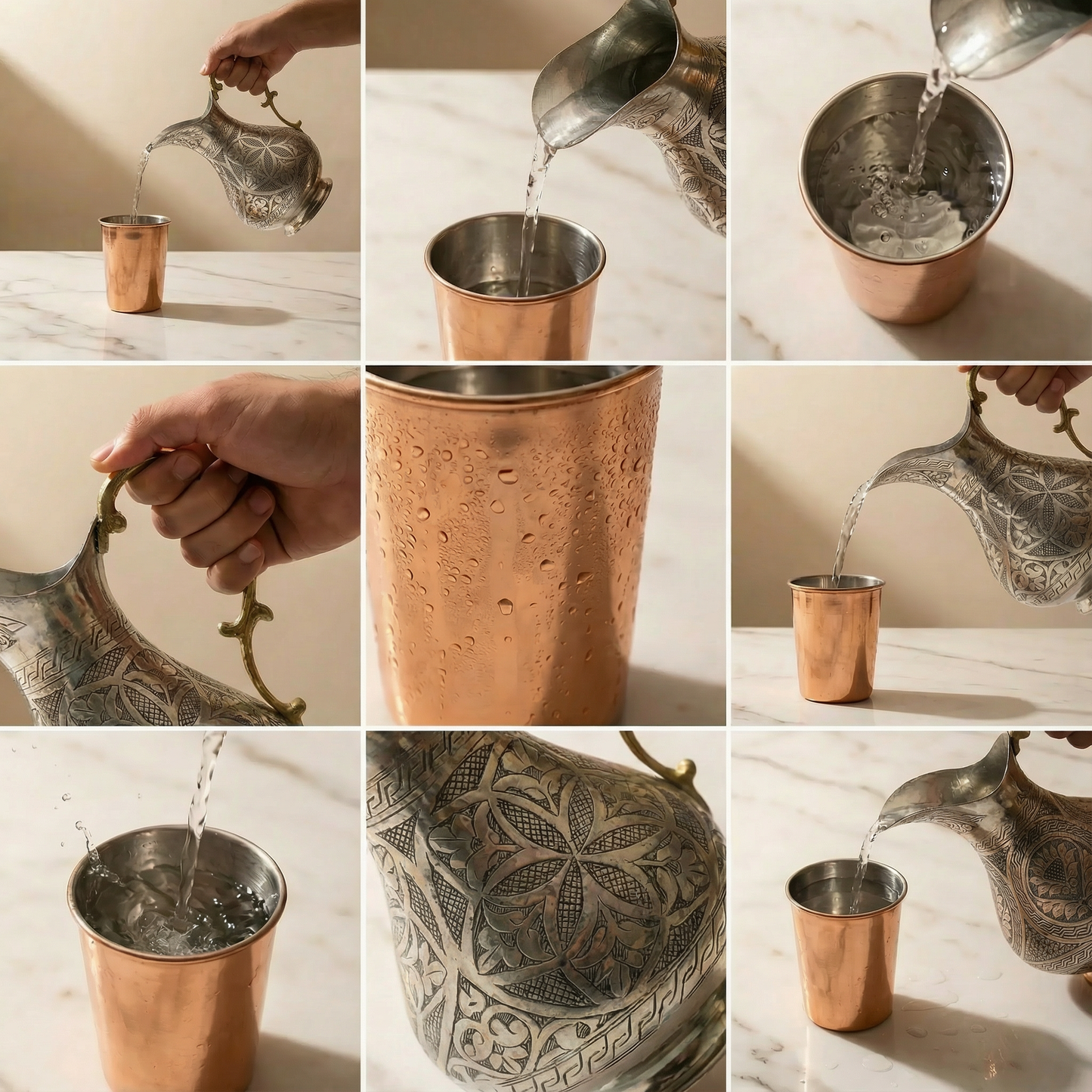 Ağır İşlemeli Bakır Sürahi Gümüş Renk (2 Litre)