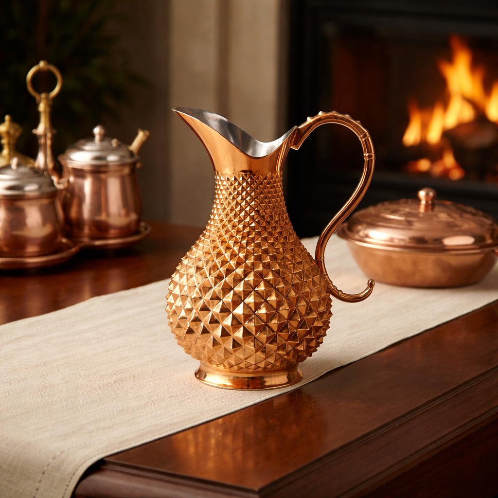 Özel Tasarım El İşçiliği Piramit Desen Bakır Sürahi (2 Litre)