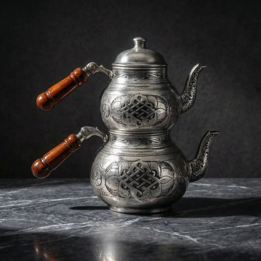 Özel İşlemeli Bakır Çaydanlık Gümüş Renk