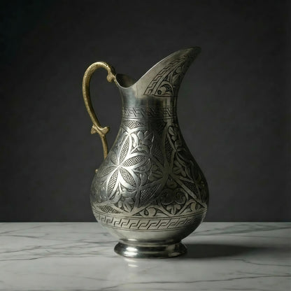 Ağır İşlemeli Bakır Sürahi Gümüş Renk (2 Litre)