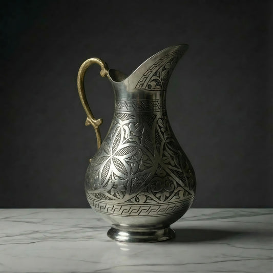 Ağır İşlemeli Bakır Sürahi Gümüş Renk (2 Litre)