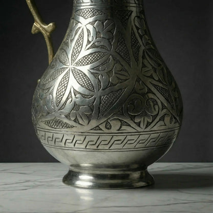 Ağır İşlemeli Bakır Sürahi Gümüş Renk (2 Litre)